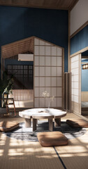 Blue dark concept with japan low table and pillow in modern living room colorful style. 3D render