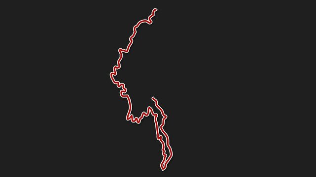 Map of Myanmar outline line animation in red and white with alpha channel or transparent layer