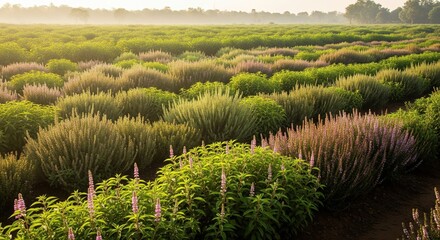 Lush Field of Flowering Plants Bathed in Golden Morning Sunlight