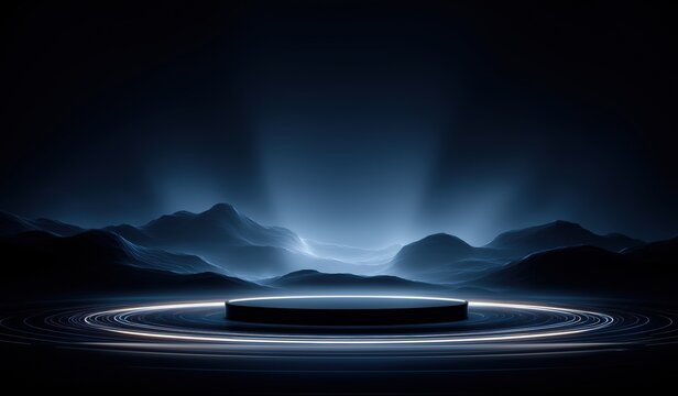 Abstract dark blue background with round podium and glowing light rings on black mountain landscape for futuristic technology mockup or advertising banner design