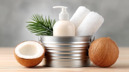 Luxurious spa essentials, metal container with soap, coconut, and soft towel for ultimate relaxation