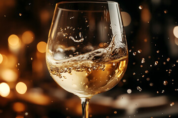 Close up of splashing white wine in the glass
