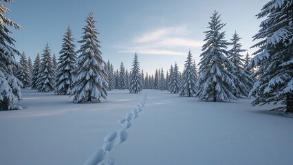 Obraz premium Snowy forest landscape with footprints leading through the trees under a bright blue sky on a winter day