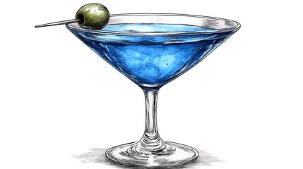 Hand-drawn illustration of a blue cocktail martini glass with olive.