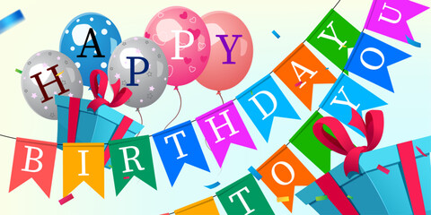 balloons,gift boxes and birthday flags decoration happy birthday celebration background,greeting card design vector illustration.