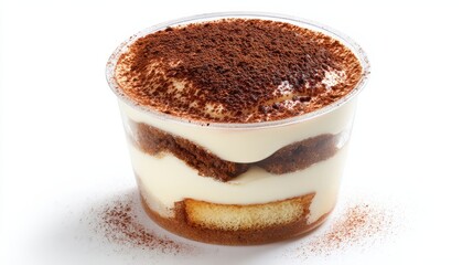Delicious tiramisu dessert in a clear cup with cocoa powder on top, isolated on white background