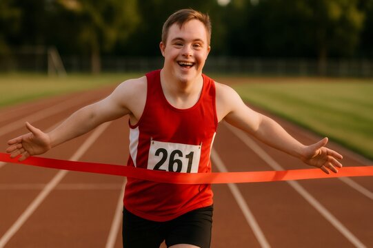 Portrait of a happy sportsman with down syndrome winning a race crossing the finish line in a running track