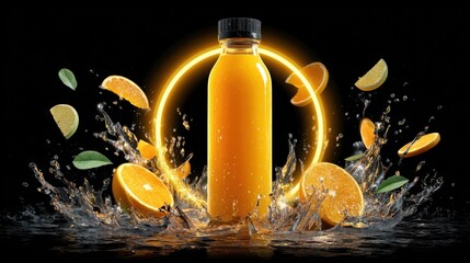 Bright orange juice bottle surrounded by splashes and citrus fruits on a dark background