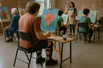 Group of artists participating in a painting workshop, focusing on creating vibrant floral artwork in a well lit studio setting