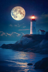 Rocky Coastline with Lighthouse Illuminated at Night during Full Moon