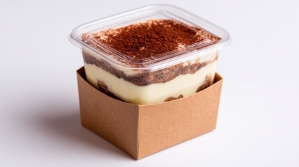 Delicious layered dessert in a transparent container with cocoa powder topping, isolated on white