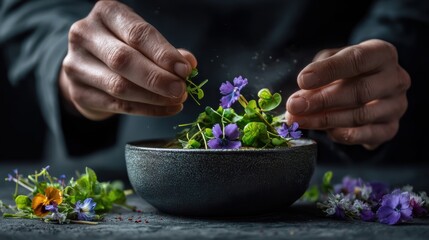 Hands delicately arranging fresh edible flowers and herbs in a textured black bowl on a dark surface.