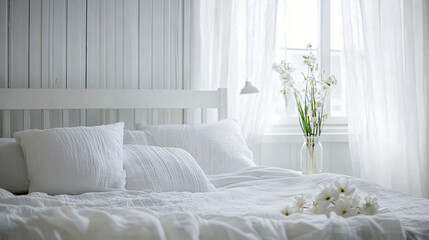 Minimal White Bedroom with Soft Natural Light, Generative ai