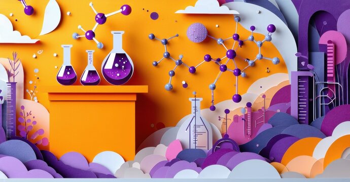 Papercraft scene depicts chemistry lab setup. Flasks, beakers, molecules create vibrant, colorful composition. Orange backdrop complements purple elements.