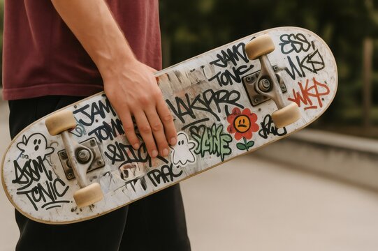 Close up of a skateboarder holding his skateboard covered with graffiti and stickers, in a skatepark
