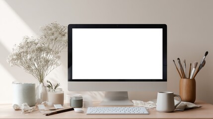 Minimalist workspace with a blank computer screen, keyboard, coffee cup, paintbrushes, and decorative plants on a wooden desk bathed in natural light.