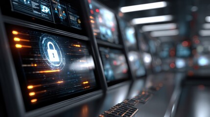 A futuristic control room with multiple digital screens displaying data and a prominent digital lock icon symbolizing cybersecurity and data protection.