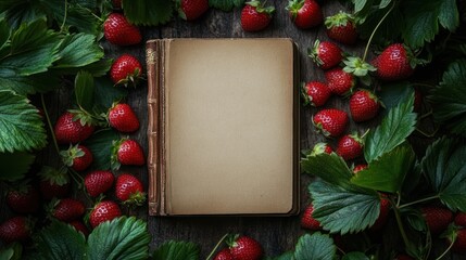 Vintage book surrounded by strawberries on wood.  Recipe, food, summer, background