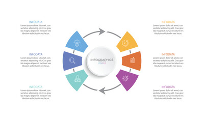 Infographic labels with icons and 6 options or steps. Suitable for process diagrams, presentations, workflow layouts, banners, flow charts, and infographics.