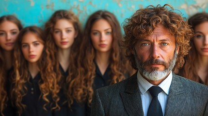 A man stands confidently in front of a group of women.