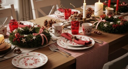 Fototapeta premium Beautifully Set Christmas Dinner Table with Festive Decorations and Warm Candlelight