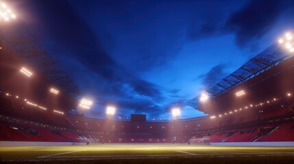 Evening Floodlit Soccer Stadium, Empty Field Conveying Championship Ambiance.