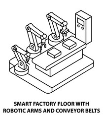 Isometric smart factory floor with robotic arms automated conveyor belt system outline illustration