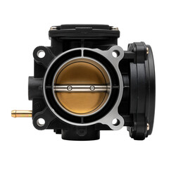 A close-up view of a black throttle body with a golden throttle plate. The component is designed for automotive applications, showcasing intricate details and a transparent background.