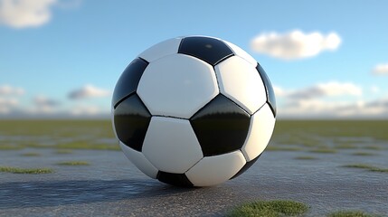 Soccer ball rests on a paved surface.