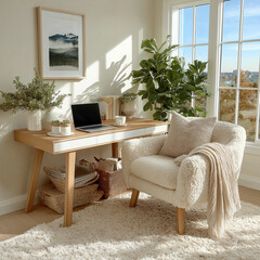 A close-up of a woman's hands typing on a laptop in a minimalist home office, natural wood desk, soft beige and white tones, indoor plant in background, natural sunlight, lifestyle photography