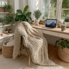 A close-up of a woman's hands typing on a laptop in a minimalist home office, natural wood desk, soft beige and white tones, indoor plant in background, natural sunlight, lifestyle photography