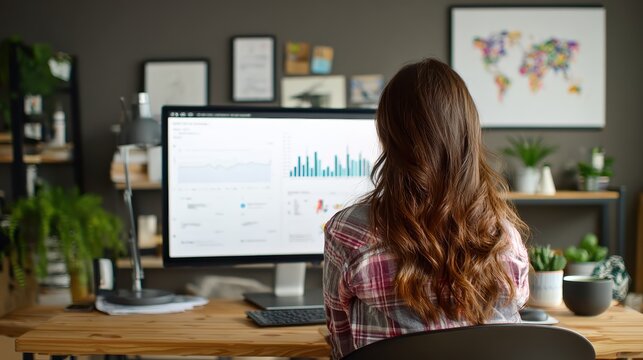 A woman with long hair analyzes data charts on a large computer monitor in a modern, plant-adorned home office setting.