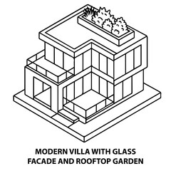 Modern villa design isometric drawing with rooftop garden glass facade architecture and minimalist style