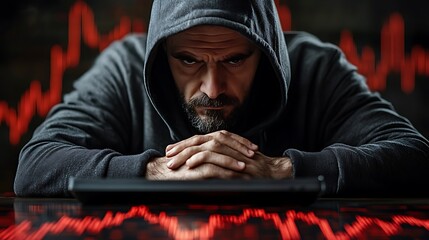 Focused man in a hoodie, intense expression, looking down at a screen.