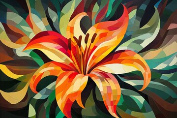 A stylized, geometric illustration of the Flame Lily, using bold shapes and colors.Flame Lily,red-orange flower,exotic lily,climbing plant.