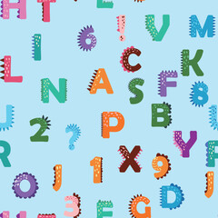 ABC seamless pattern in simple cartoon style. Cute dinosaur alphabet print - hand drawn childish seamless pattern design. Digital paper.