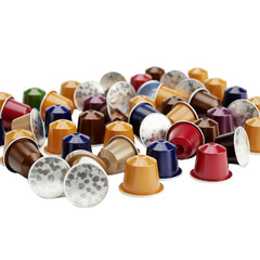 A collection of colorful coffee capsules scattered on a transparent background. Various shapes and sizes are visible, showcasing different flavors and brands.