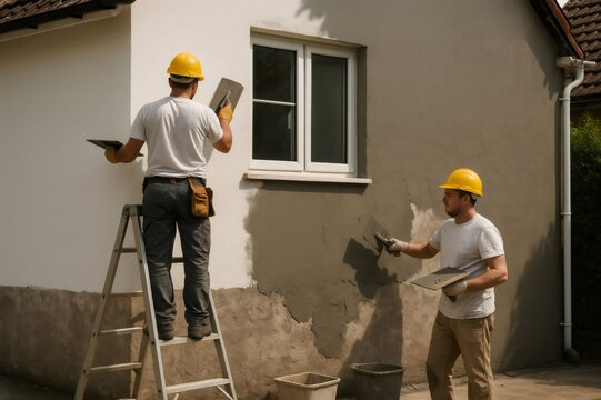 Two construction workers wearing helmets are expertly replastering an exterior wall, showcasing teamwork and craftsmanship on a sunny day