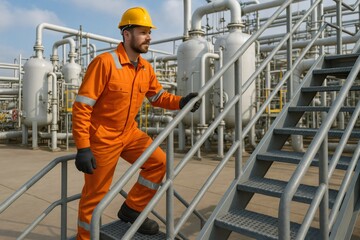 Fototapeta premium Worker in orange safety gear climbs metal stairs at an industrial facility, surrounded by complex piping and machinery under a clear sky