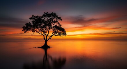 Fototapeta premium Solitary Tree at Sunrise Reflecting on Calm Water 