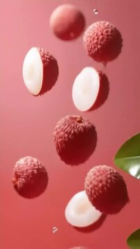 Freshly cut lychees suspended in water, showcasing their vibrant red skin and white flesh.