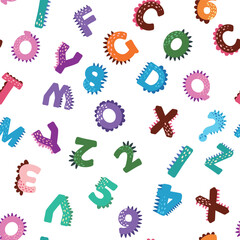 ABC seamless pattern in simple cartoon style. Cute dinosaur alphabet print - hand drawn childish seamless pattern design. Digital paper.