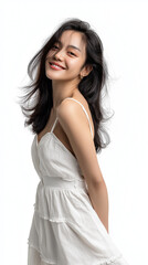 Beauty asian brunette girl with long and shiny wavy hair . Beautiful woman model with curly hairstyle shine and volume in white dress in shiny white background, hair care products and luxury salons.