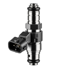 A fuel injector with a metallic finish and a black connector. The injector is designed for automotive applications and is isolated on a transparent background.