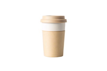 Eco-friendly bamboo coffee cup with natural fiber sleeve and matching lid for sustainable beverage consumption, isolated on a transparent background
