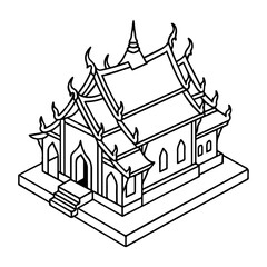 Isometric thai temple drawing outline vector illustration architecture building landmark religion