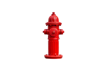 Red fire hydrant with ribbed base, dome cap, side outlets, urban emergency water supply equipment for firefighters, isolated on a transparent background