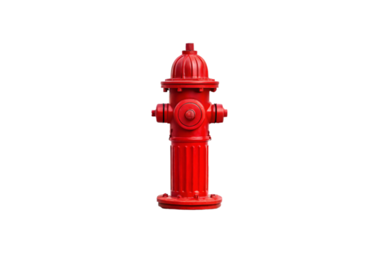 Red fire hydrant with ribbed base, dome cap, side outlets, urban emergency water supply equipment for firefighters, isolated on a transparent background