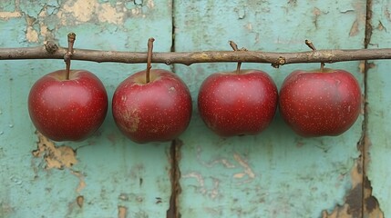 Four apples hanging from a branch.