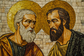 The elegant mosaic artwork depicted, with black mosaic tiles on a serene white background, has bright golden rings above their heads, © FARZANA